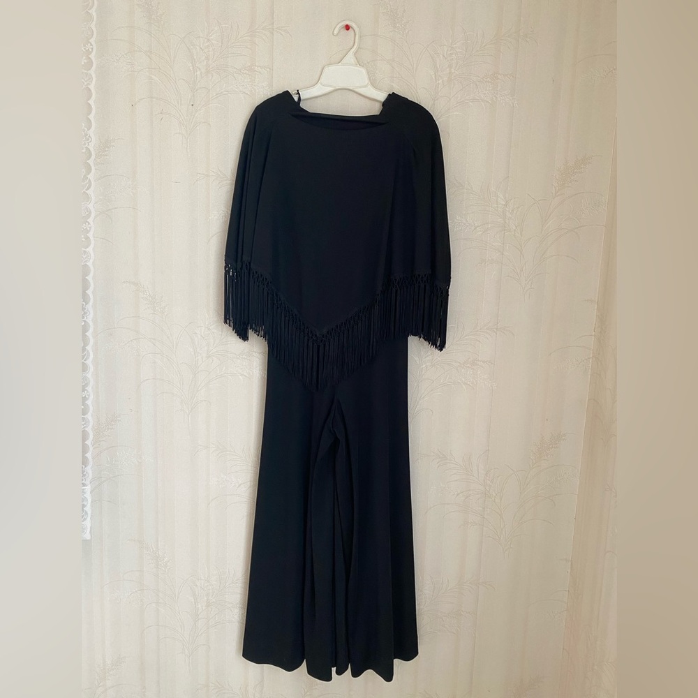 Vintage Lee Jordan black jumpsuit with fringe shawl size 8 (sb09)